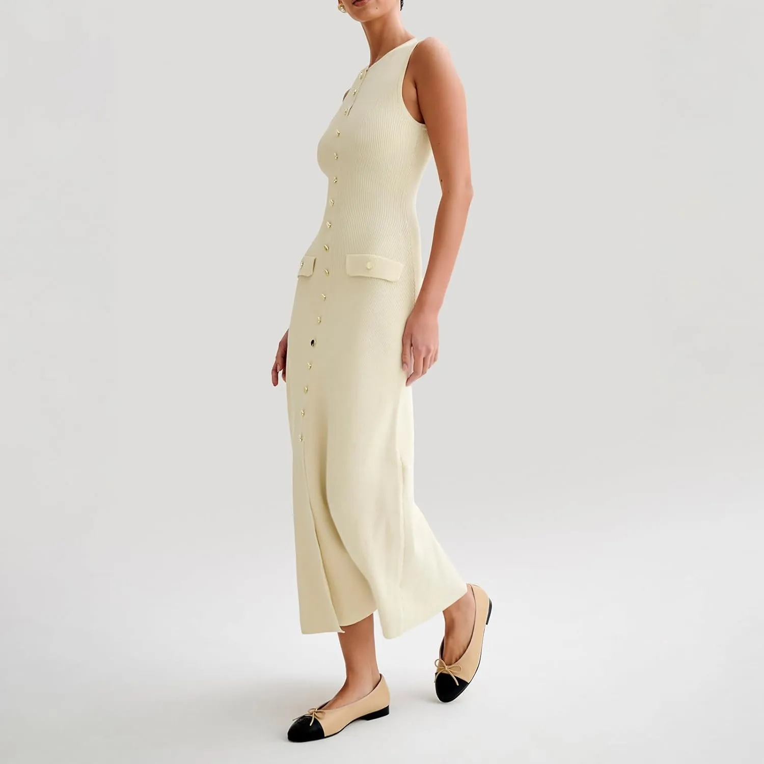 Women Crewneck Sleeveless Knitted Maxi Dress Elegant Split Long Tank Dress Sexy Party Bodycon Sweater Dress