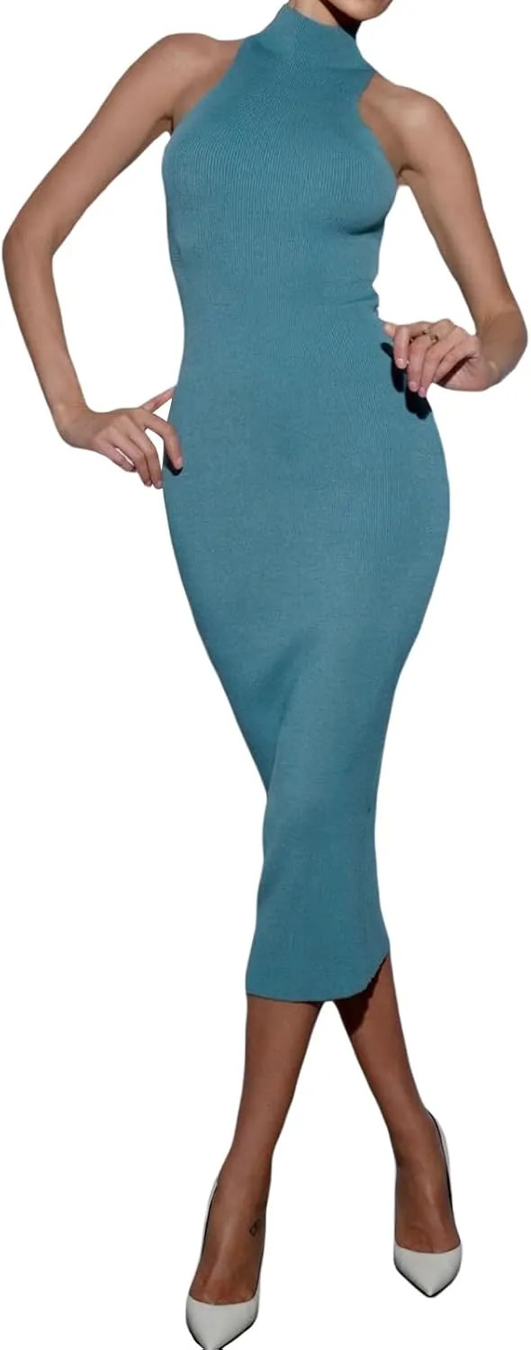 Women Crewneck Sleeveless Knitted Maxi Dress Elegant Split Long Tank Dress Sexy Party Bodycon Sweater Dress