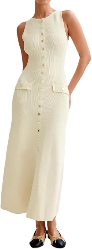 Women Crewneck Sleeveless Knitted Maxi Dress Elegant Split Long Tank Dress Sexy Party Bodycon Sweater Dress
