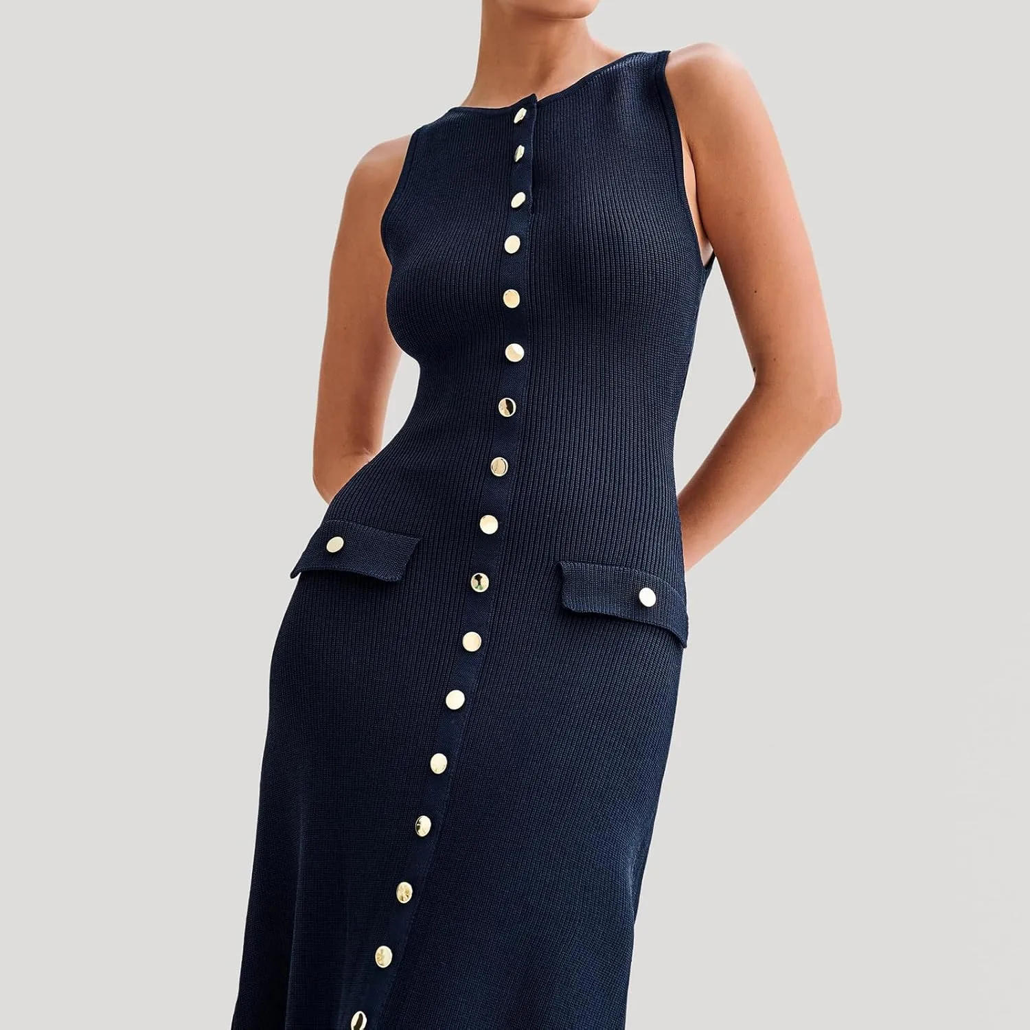 Women Crewneck Sleeveless Knitted Maxi Dress Elegant Split Long Tank Dress Sexy Party Bodycon Sweater Dress