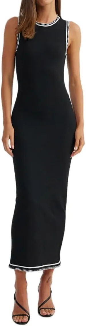 Women Crewneck Sleeveless Knitted Maxi Dress Elegant Split Long Tank Dress Sexy Party Bodycon Sweater Dress
