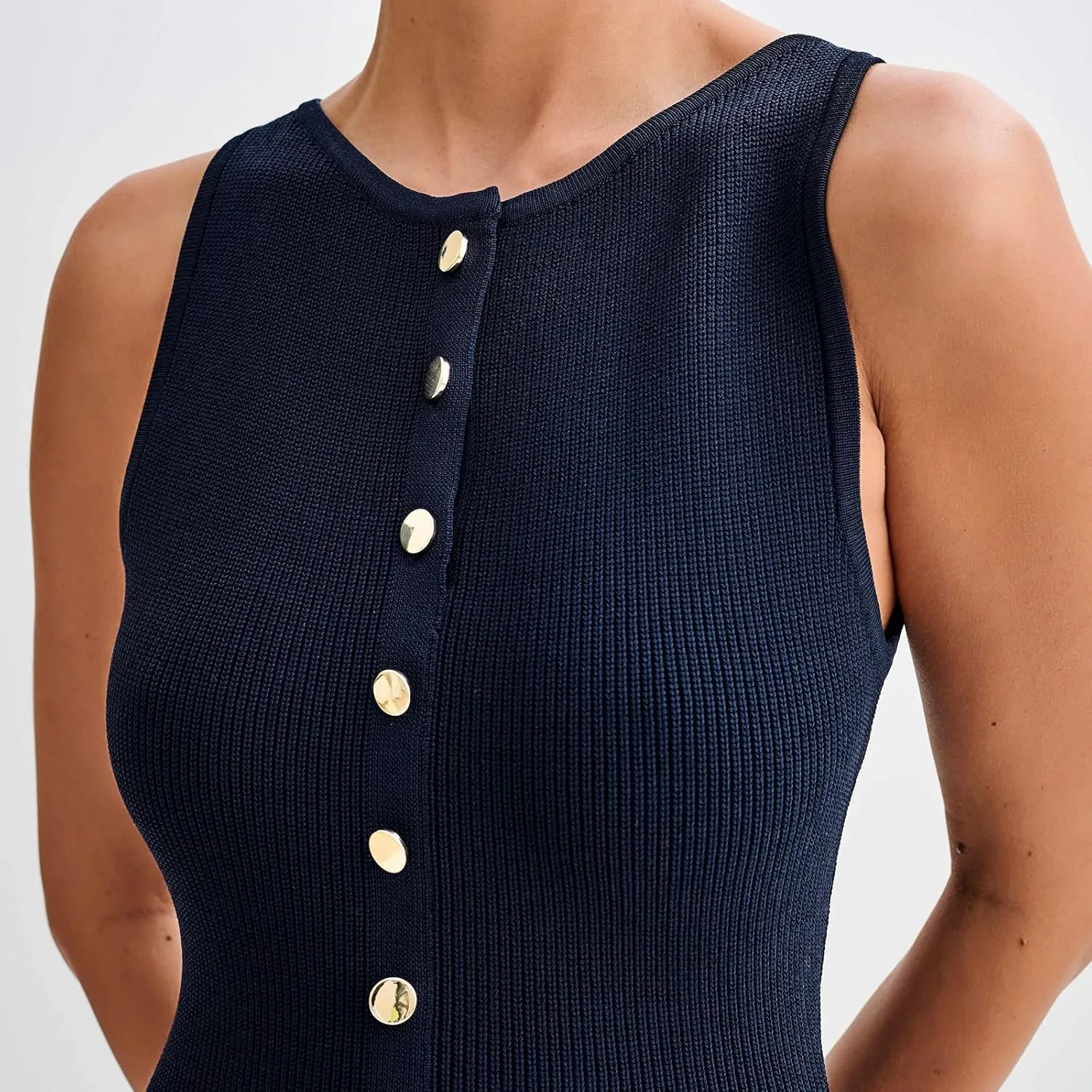 Women Crewneck Sleeveless Knitted Maxi Dress Elegant Split Long Tank Dress Sexy Party Bodycon Sweater Dress