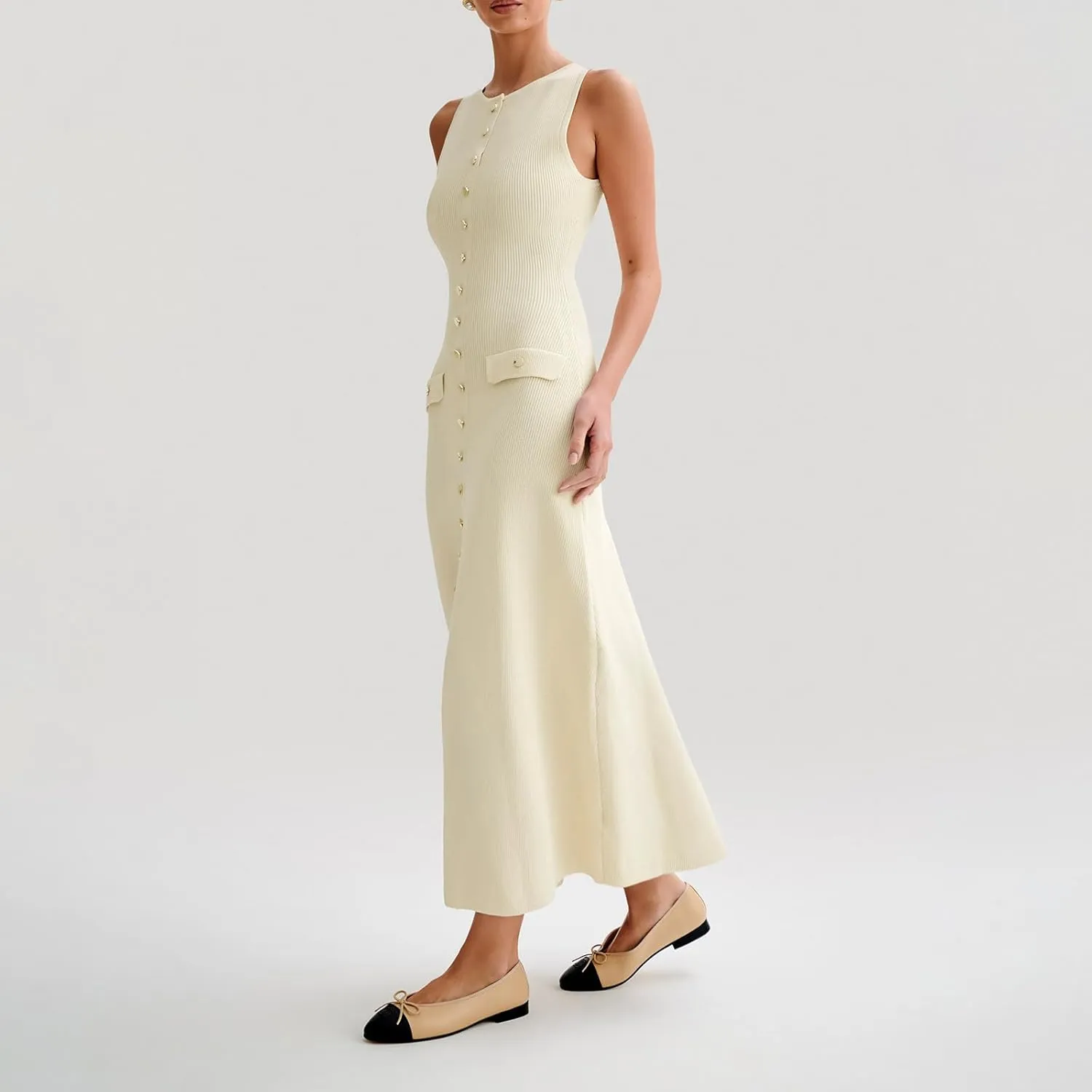 Women Crewneck Sleeveless Knitted Maxi Dress Elegant Split Long Tank Dress Sexy Party Bodycon Sweater Dress