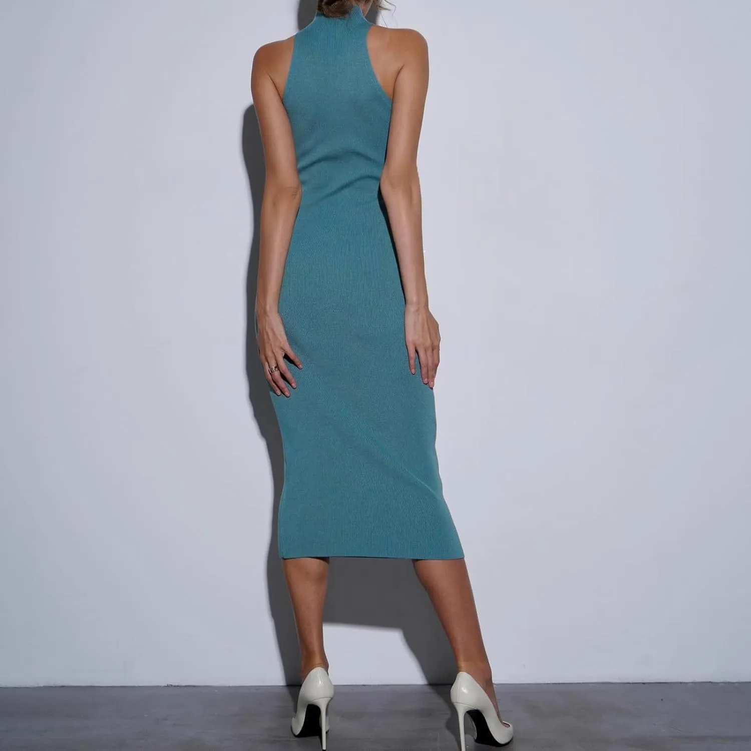 Women Crewneck Sleeveless Knitted Maxi Dress Elegant Split Long Tank Dress Sexy Party Bodycon Sweater Dress