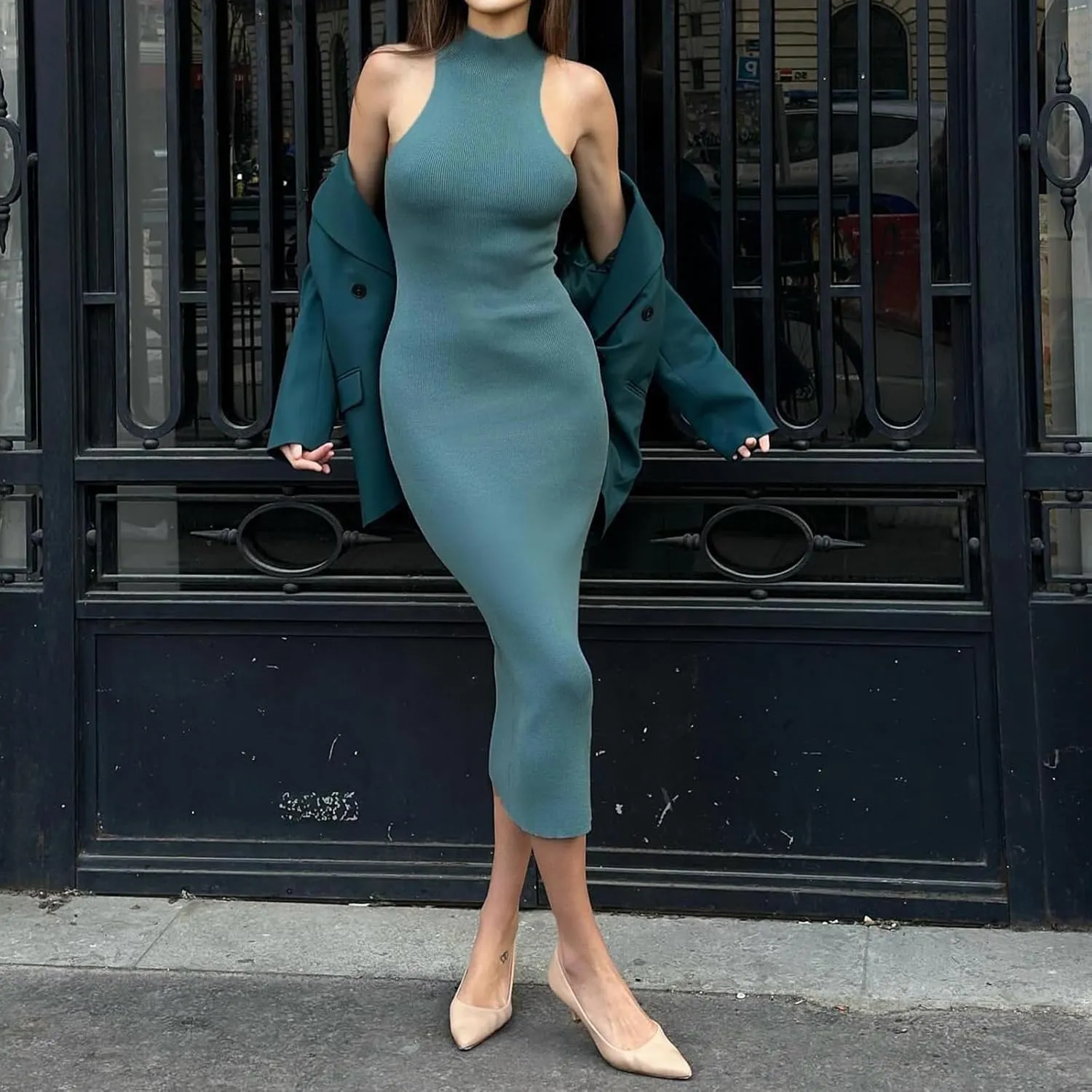 Women Crewneck Sleeveless Knitted Maxi Dress Elegant Split Long Tank Dress Sexy Party Bodycon Sweater Dress