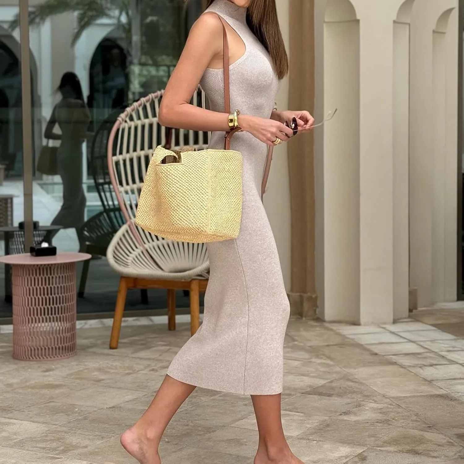 Women Crewneck Sleeveless Knitted Maxi Dress Elegant Split Long Tank Dress Sexy Party Bodycon Sweater Dress