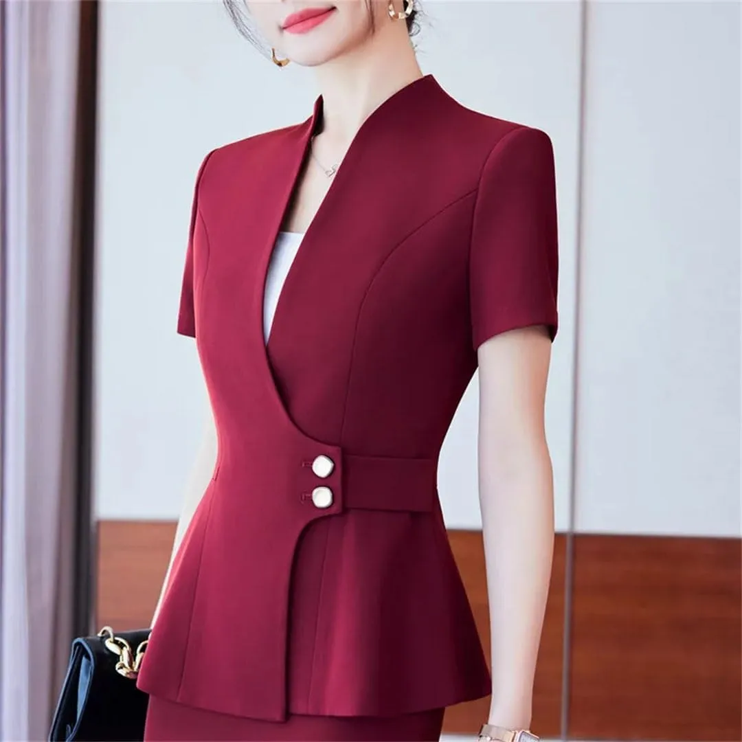Women Elegant Slim Short Sleeve Blazer Summer Professional Business Work Jacket Office Ladies Coat