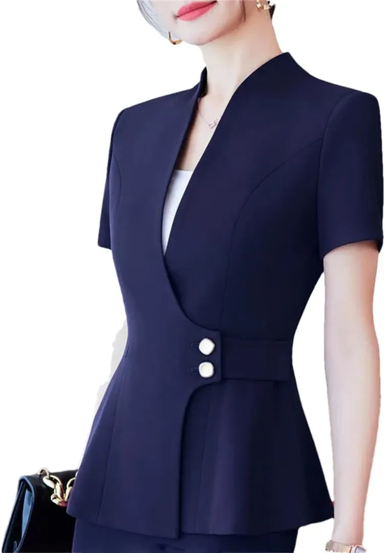 Women Elegant Slim Short Sleeve Blazer Summer Professional Business Work Jacket Office Ladies Coat