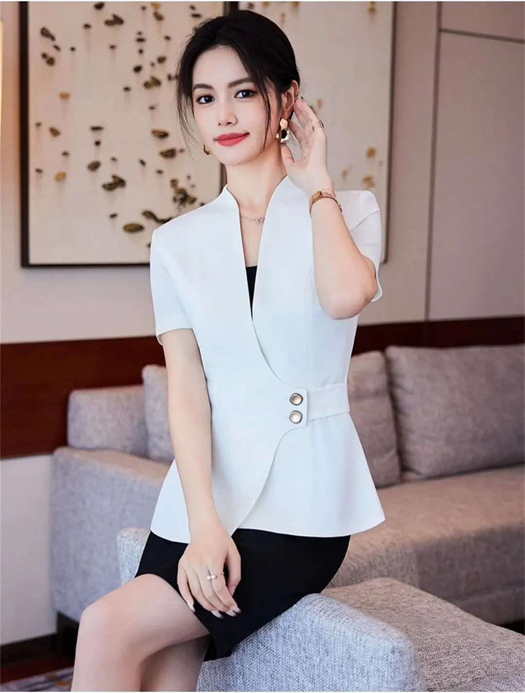 Women Elegant Slim Short Sleeve Blazer Summer Professional Business Work Jacket Office Ladies Coat