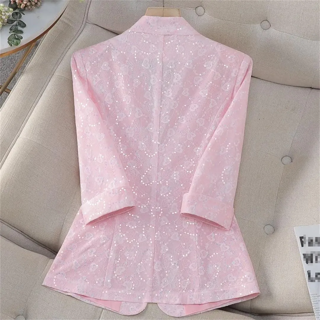 Women Elegant Temperament Slim Half Sleeve Thin Blazer Spring Lace Sequins Suit Jacket Office Lady Coat