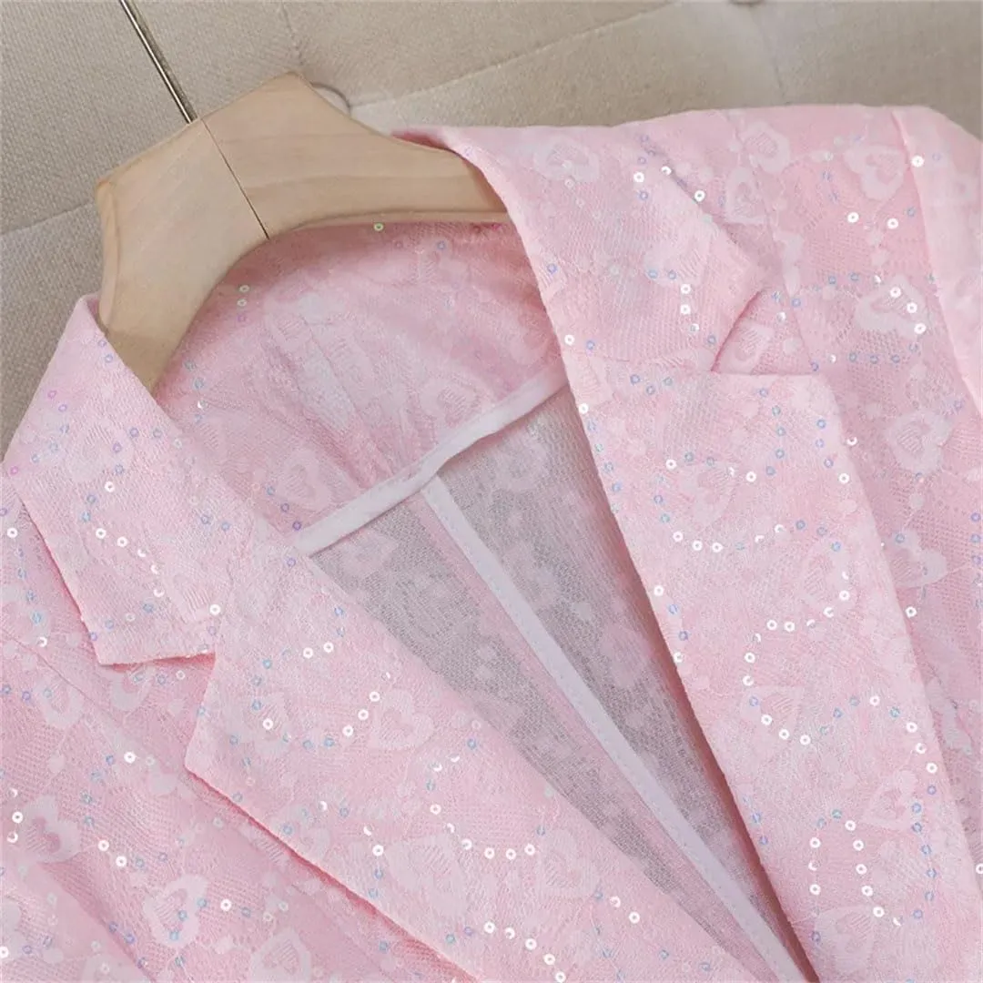 Women Elegant Temperament Slim Half Sleeve Thin Blazer Spring Lace Sequins Suit Jacket Office Lady Coat