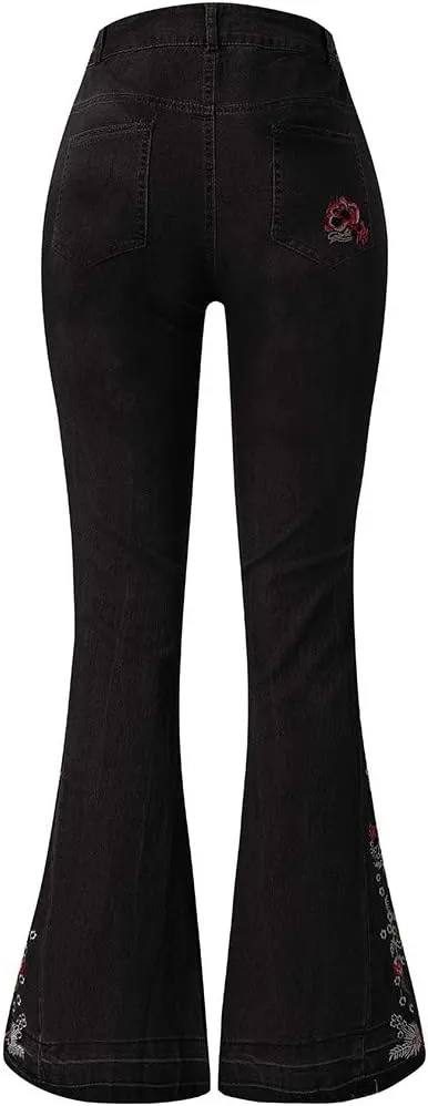 Women Flared Jeans Embroidered Bell Bottoms 70S Vintage Jeans Tummy Control Bootcut Jeans Y2K Western Jeans
