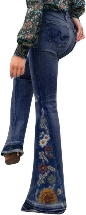 Women Flared Jeans Embroidered Bell Bottoms 70S Vintage Jeans Tummy Control Bootcut Jeans Y2K Western Jeans