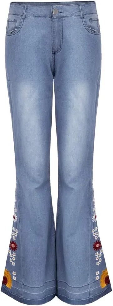 Women Flared Jeans Embroidered Bell Bottoms 70S Vintage Jeans Tummy Control Bootcut Jeans Y2K Western Jeans
