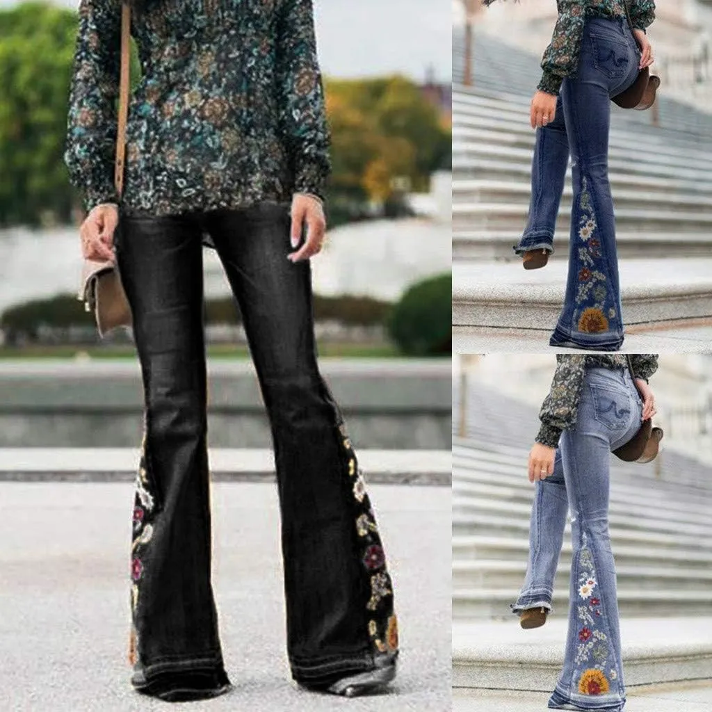 Women Flared Jeans Embroidered Bell Bottoms 70S Vintage Jeans Tummy Control Bootcut Jeans Y2K Western Jeans