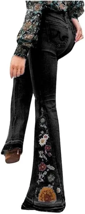 Women Flared Jeans Embroidered Bell Bottoms 70S Vintage Jeans Tummy Control Bootcut Jeans Y2K Western Jeans