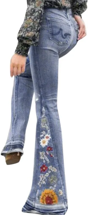 Women Flared Jeans Embroidered Bell Bottoms 70S Vintage Jeans Tummy Control Bootcut Jeans Y2K Western Jeans