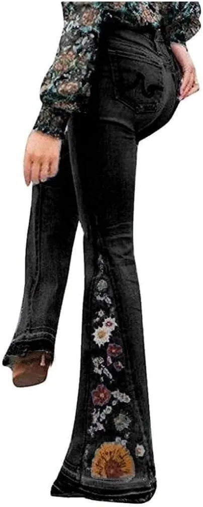 Women Flared Jeans Embroidered Bell Bottoms 70S Vintage Jeans Tummy Control Bootcut Jeans Y2K Western Jeans