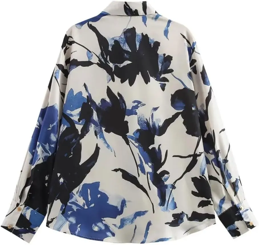 Women Floral Print Shirt Loose Satin Lapel Long-Sleeved Blouse Single-Breasted Casual Top