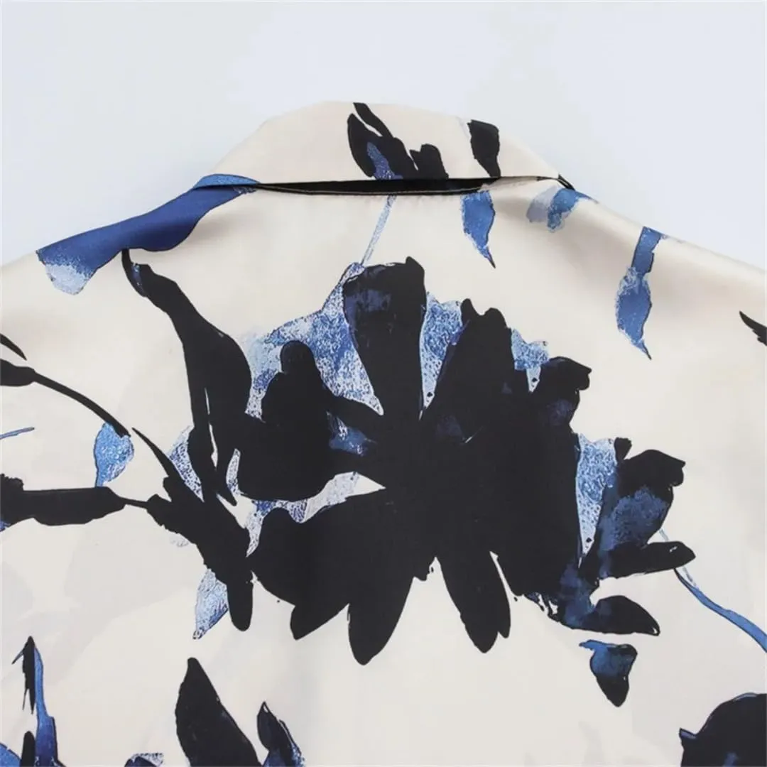 Women Floral Print Shirt Loose Satin Lapel Long-Sleeved Blouse Single-Breasted Casual Top