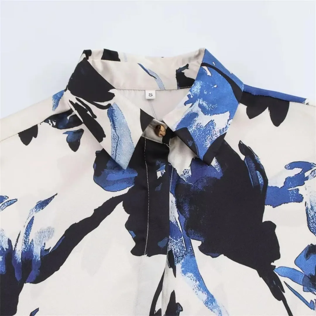 Women Floral Print Shirt Loose Satin Lapel Long-Sleeved Blouse Single-Breasted Casual Top