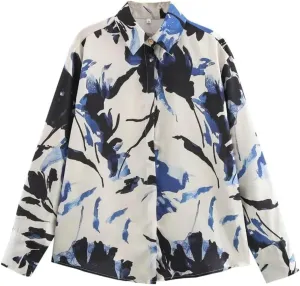 Women Floral Print Shirt Loose Satin Lapel Long-Sleeved Blouse Single-Breasted Casual Top