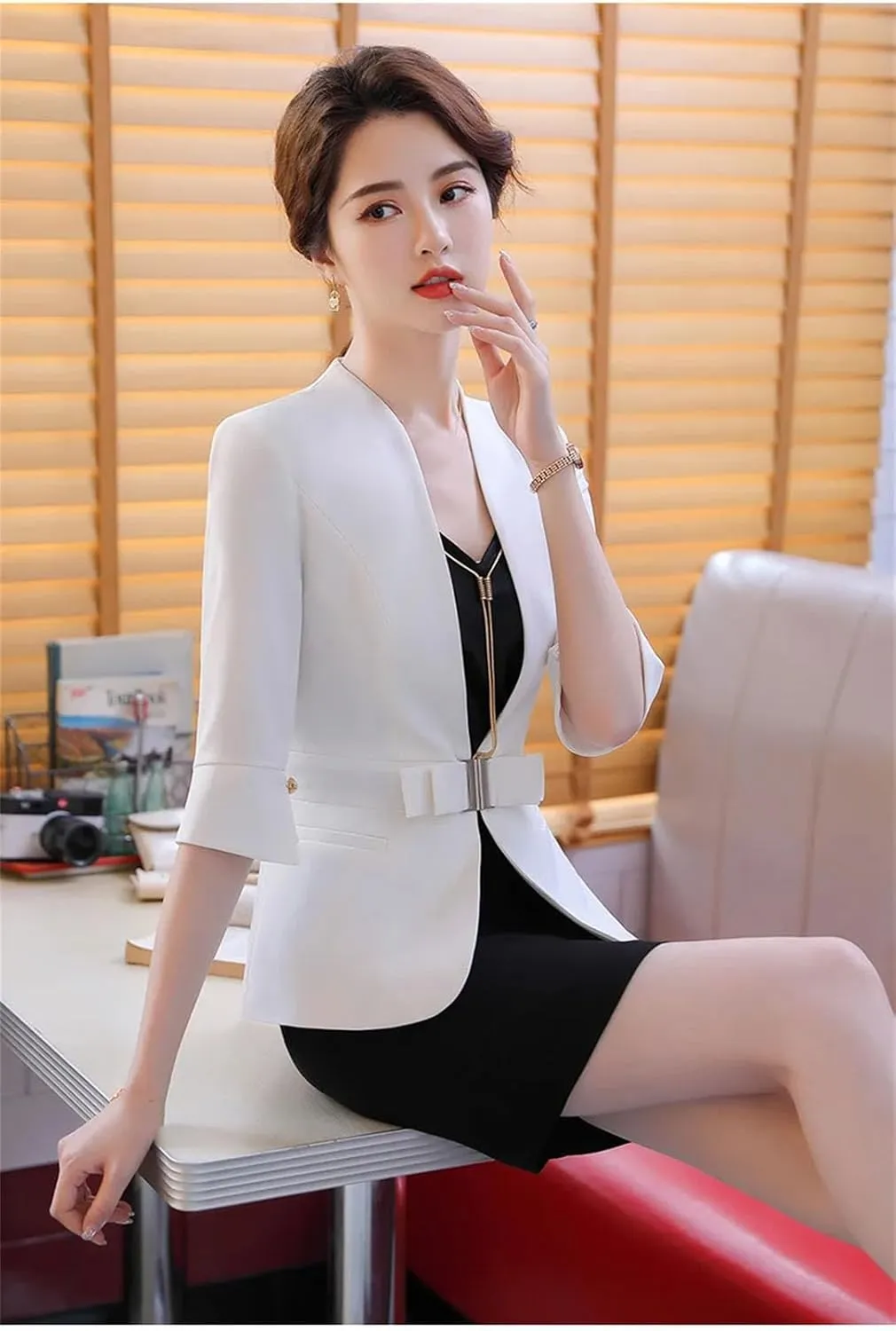 Women Half Sleeve Slim Suit Jacket Summer Business Stand Collar Blazer OL Coat