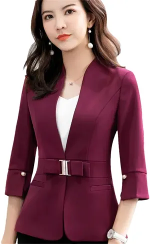 Women Half Sleeve Slim Suit Jacket Summer Business Stand Collar Blazer OL Coat