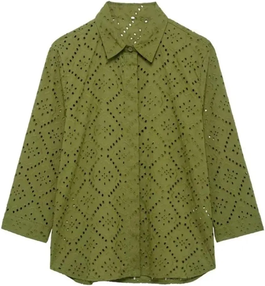 Women Hollow Out Embroidery Shirt Casual Lightweight Solid Blouse Simple Elegant Long Sleeve Top