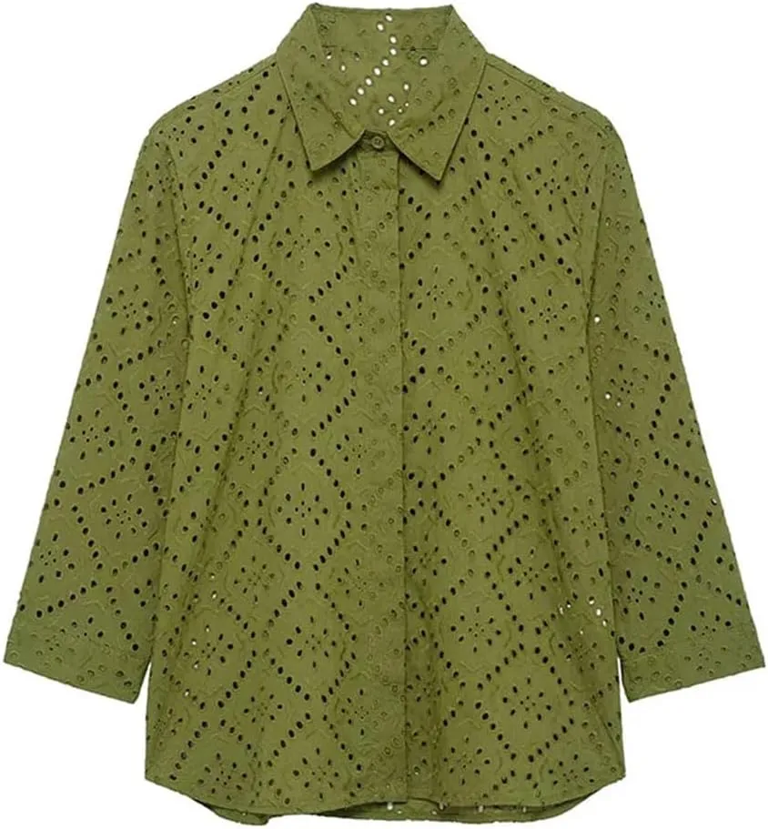 Women Hollow Out Embroidery Shirt Casual Lightweight Solid Blouse Simple Elegant Long Sleeve Top