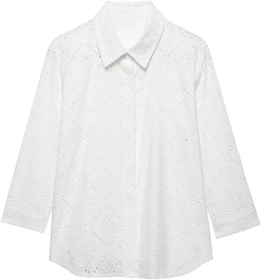 Women Hollow Out Embroidery Shirt Casual Lightweight Solid Blouse Simple Elegant Long Sleeve Top
