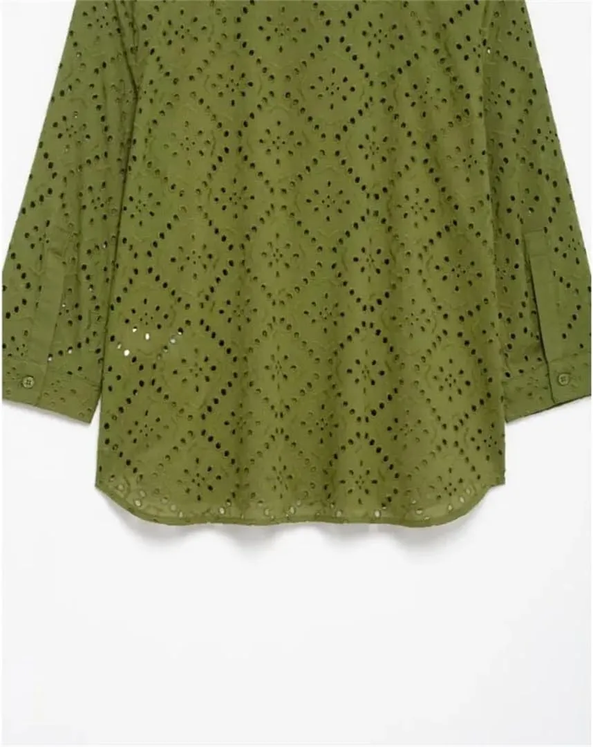 Women Hollow Out Embroidery Shirt Casual Lightweight Solid Blouse Simple Elegant Long Sleeve Top