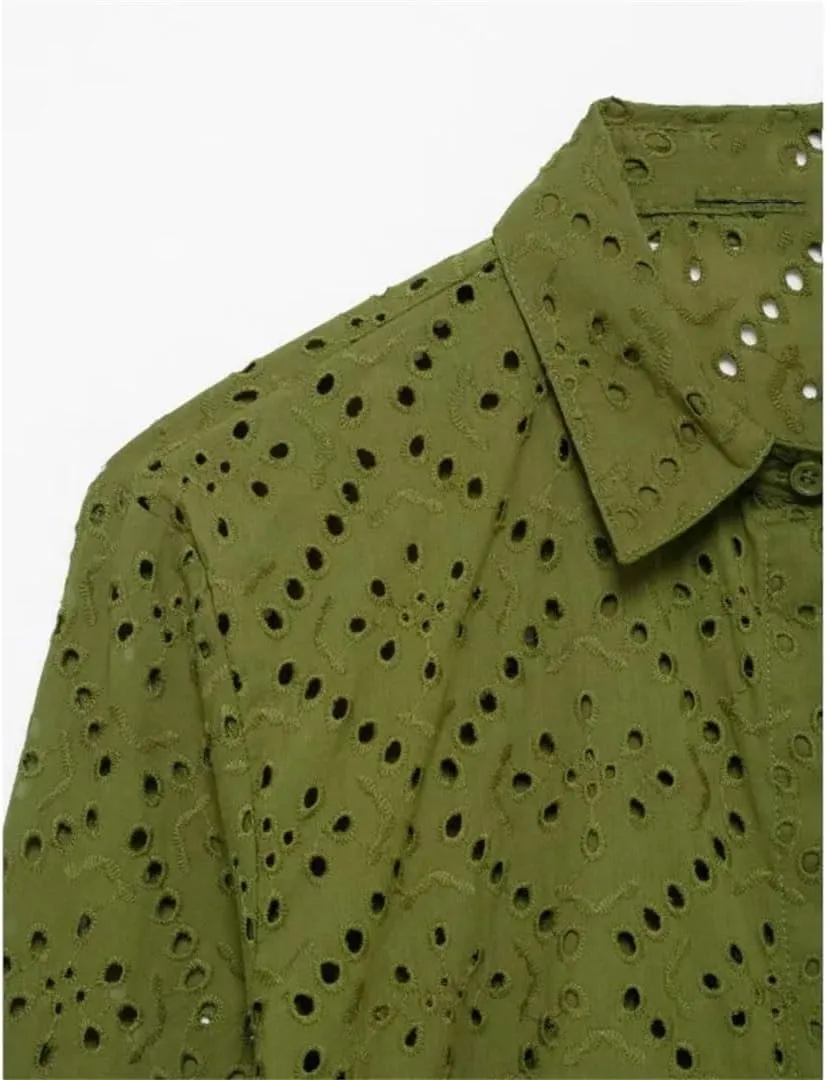 Women Hollow Out Embroidery Shirt Casual Lightweight Solid Blouse Simple Elegant Long Sleeve Top