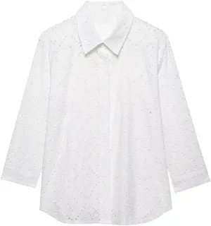 Women Hollow Out Embroidery Shirt Casual Lightweight Solid Blouse Simple Elegant Long Sleeve Top