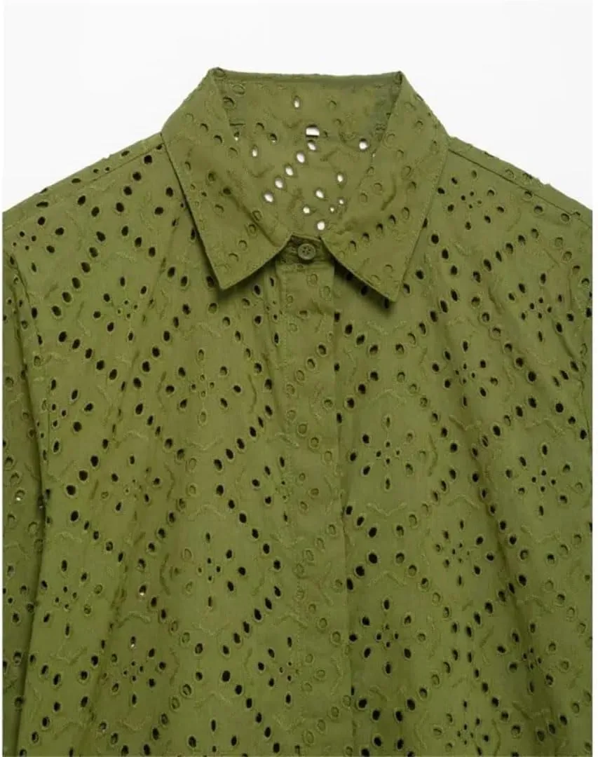 Women Hollow Out Embroidery Shirt Casual Lightweight Solid Blouse Simple Elegant Long Sleeve Top