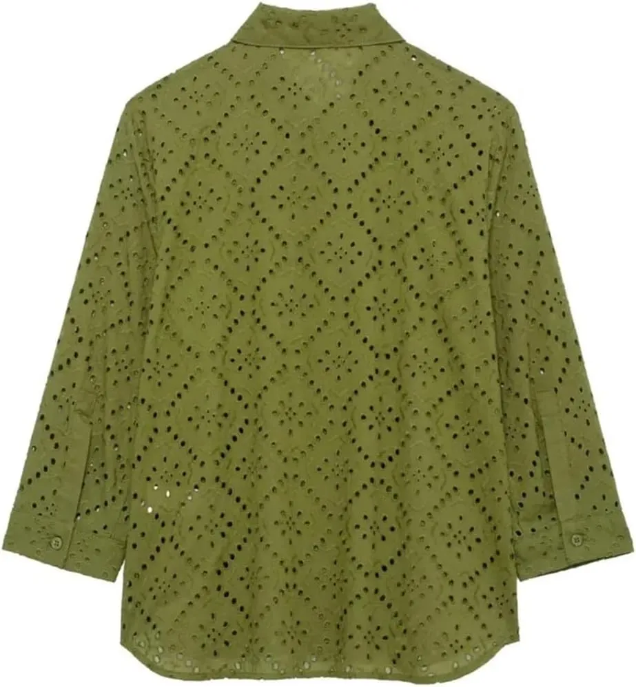 Women Hollow Out Embroidery Shirt Casual Lightweight Solid Blouse Simple Elegant Long Sleeve Top