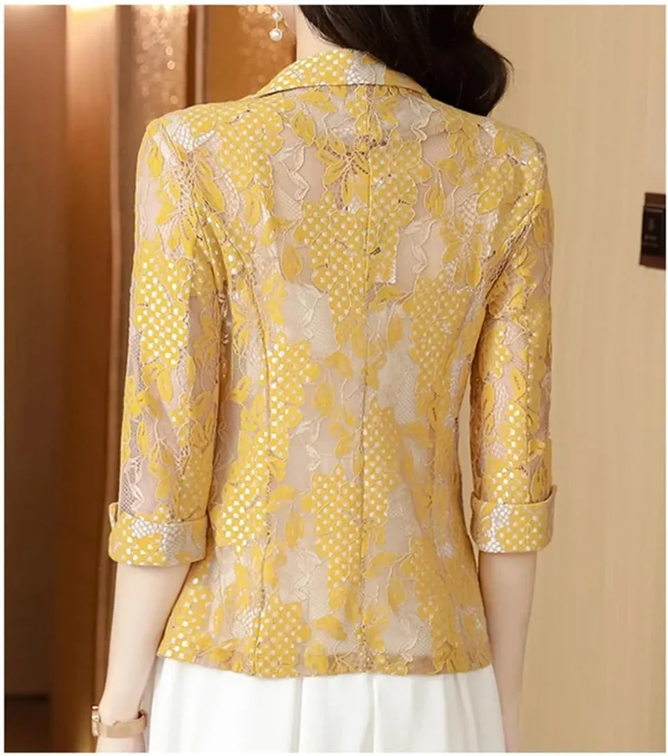 Women Lace Suit Jacket Summer Sunscreen Slim Blazer Coat