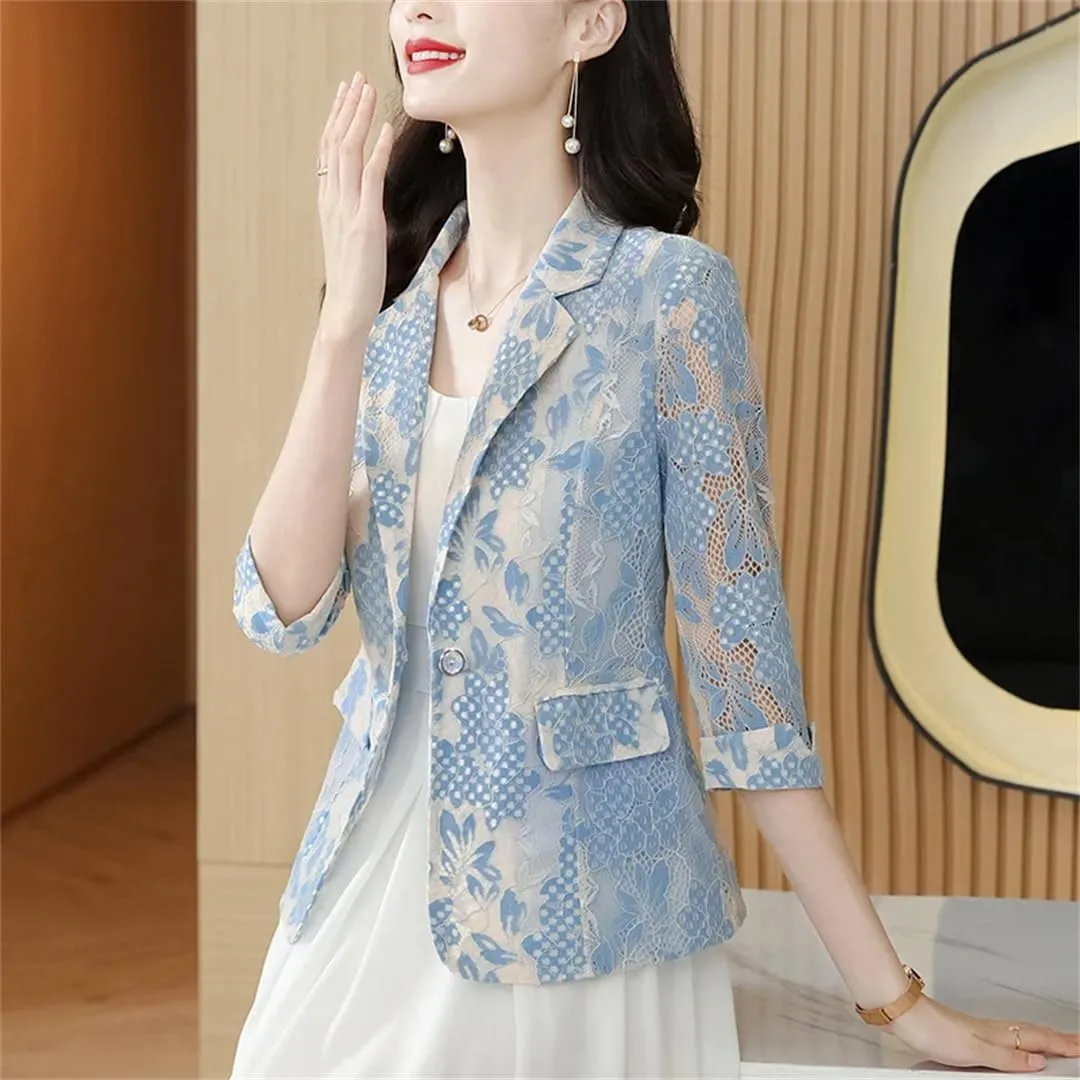 Women Lace Suit Jacket Summer Sunscreen Slim Blazer Coat