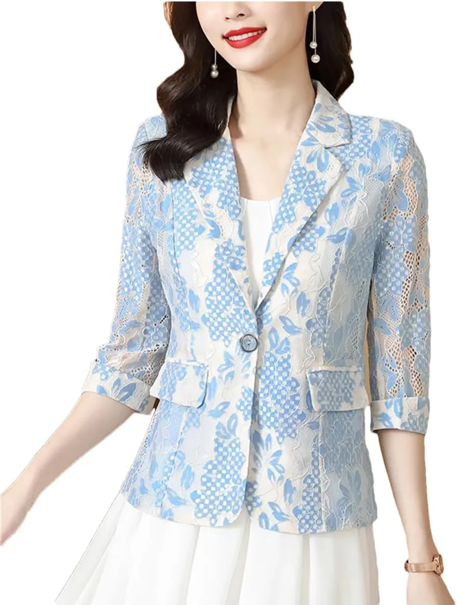 Women Lace Suit Jacket Summer Sunscreen Slim Blazer Coat