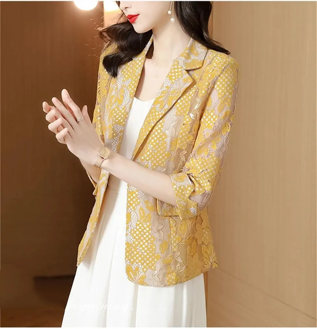 Women Lace Suit Jacket Summer Sunscreen Slim Blazer Coat