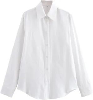 Women Loose Lapel Blouse Long-Sleeved Single-Breasted Solid Blouse Casual Simple Chic Shirt