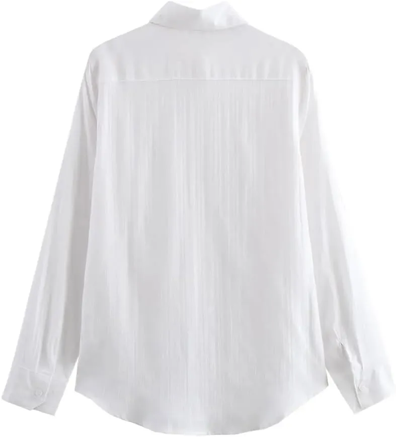 Women Loose Lapel Blouse Long-Sleeved Single-Breasted Solid Blouse Casual Simple Chic Shirt