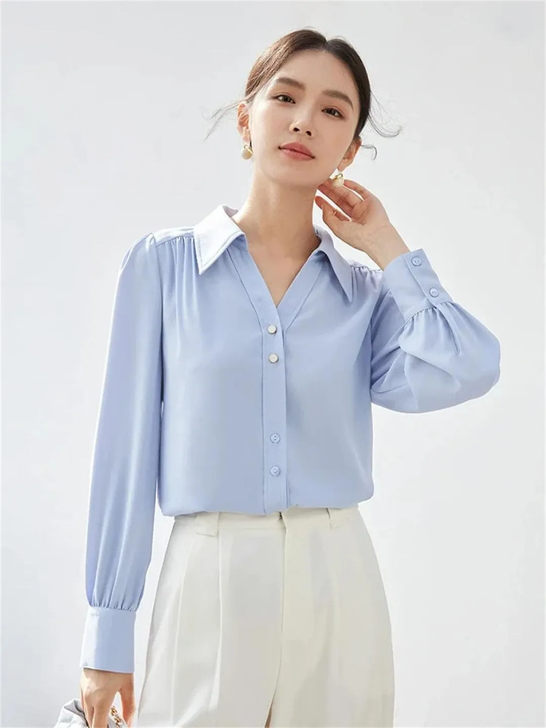 Women Office Lady Loose Shirt Chiffon V Neck Long Sleeve Blouse Solid Simple Office Lady Top