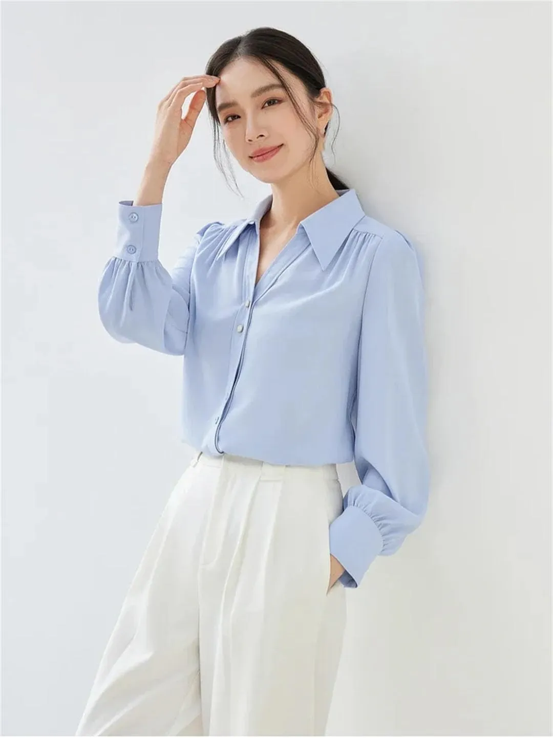 Women Office Lady Loose Shirt Chiffon V Neck Long Sleeve Blouse Solid Simple Office Lady Top