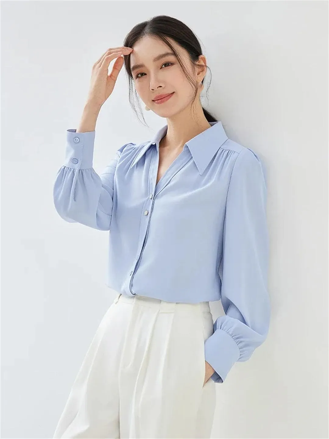 Women Office Lady Loose Shirt Chiffon V Neck Long Sleeve Blouse Solid Simple Office Lady Top