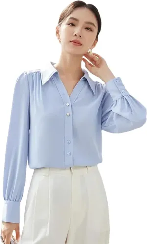 Women Office Lady Loose Shirt Chiffon V Neck Long Sleeve Blouse Solid Simple Office Lady Top