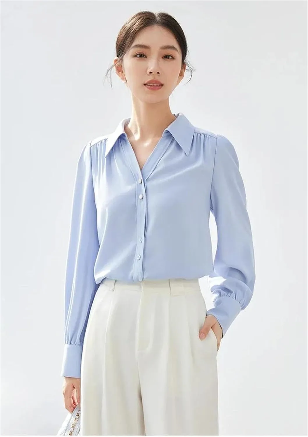 Women Office Lady Loose Shirt Chiffon V Neck Long Sleeve Blouse Solid Simple Office Lady Top