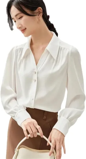 Women Office Lady Loose Shirt Chiffon V Neck Long Sleeve Blouse Solid Simple Office Lady Top