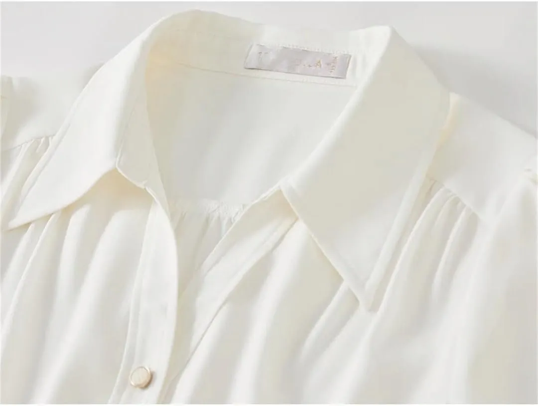 Women Office Lady Loose Shirt Chiffon V Neck Long Sleeve Blouse Solid Simple Office Lady Top