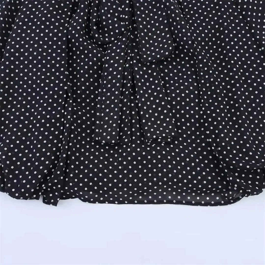 Women Polka Dot Print Shirt Bow Lace-Up Loose V-Neck Blouse Long-Sleeved Commuter Cape Shirts